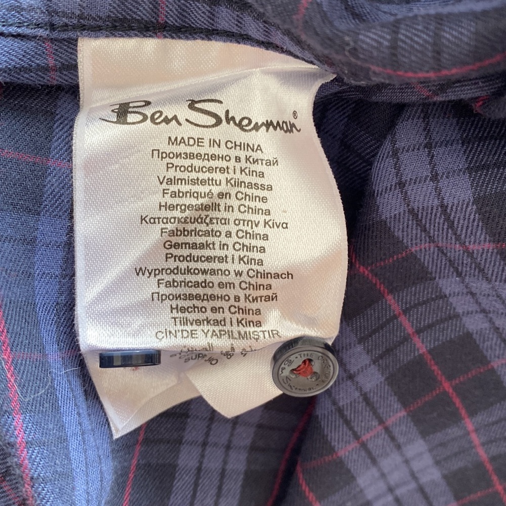 Ben Sherman Navy Blue Plaid Button Down with Corduroy Elbow Patches size L - Picture 8 of 8